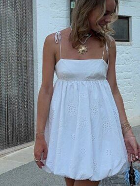 Zara Strapless Bubble Cotton Poplin Mini Dress White Size Medium Blogger Fav